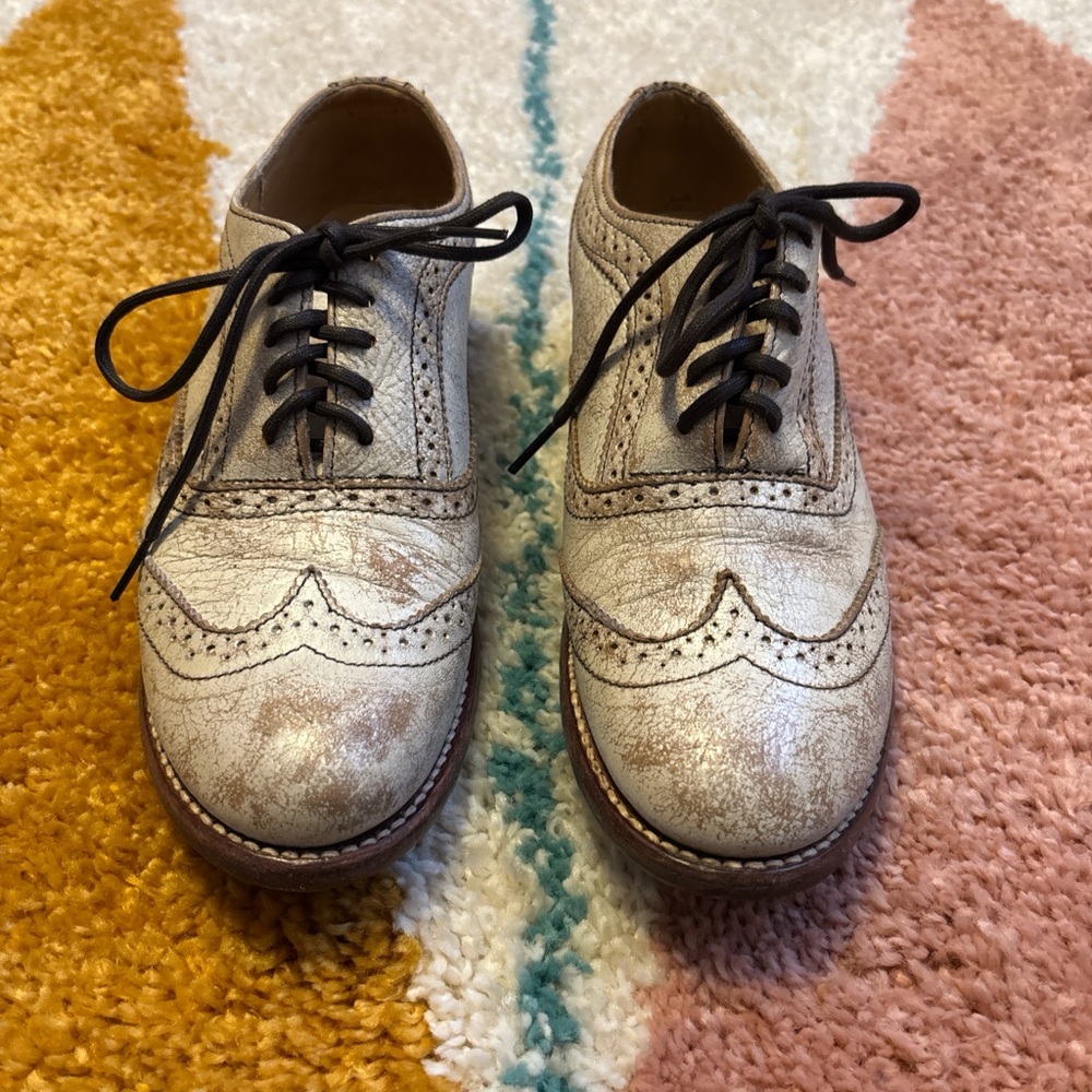 BED|STU Metallic Silver Wingtip Oxfords with Black Laces